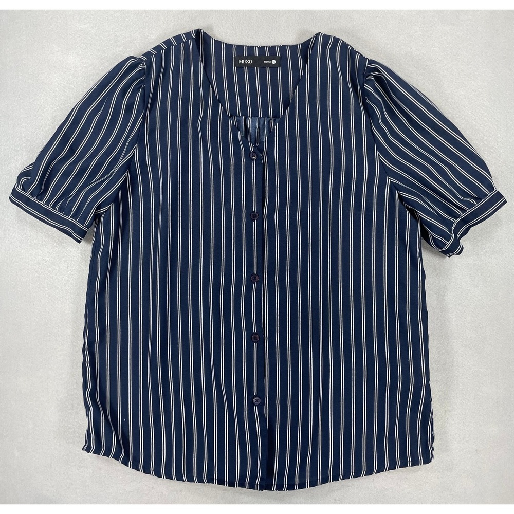 MIXXO Womens Blouse Button Front Navy White Striped Polyester Small